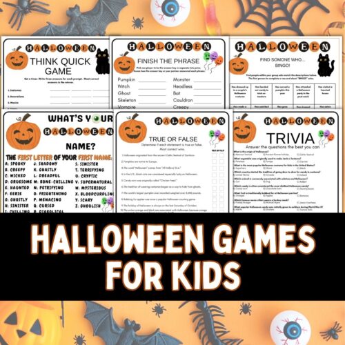 Collage of halloween kid game printables.