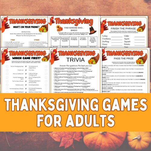 Collage of thanksgiving games for adults printables.