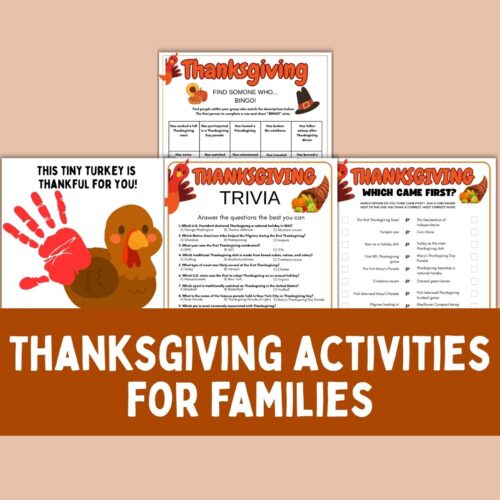 Collage of thanksgiving family game and activity printables.