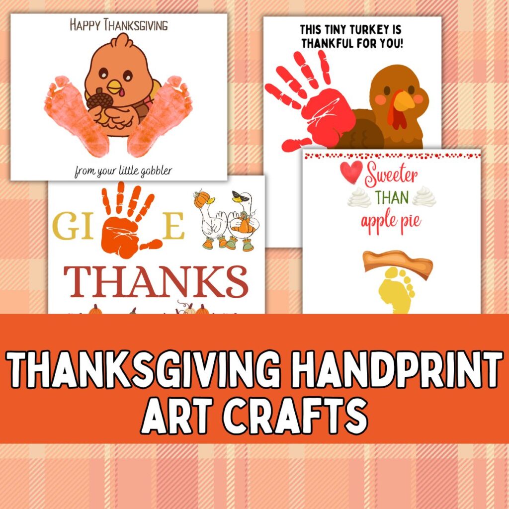 Collage of thanksgiving handprint art printables.