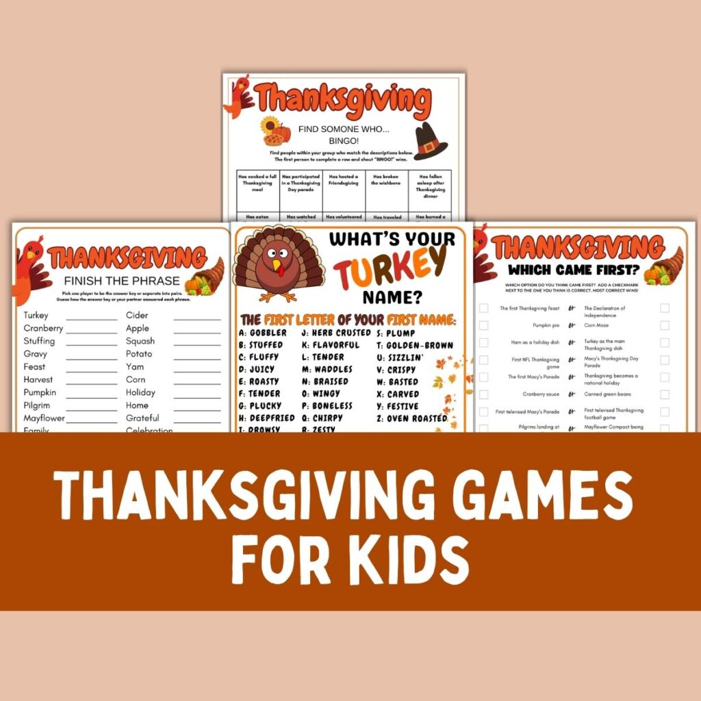 Collage of thanksgiving kid game printables.