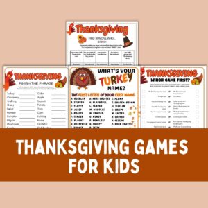 Collage of thanksgiving kid game printables.