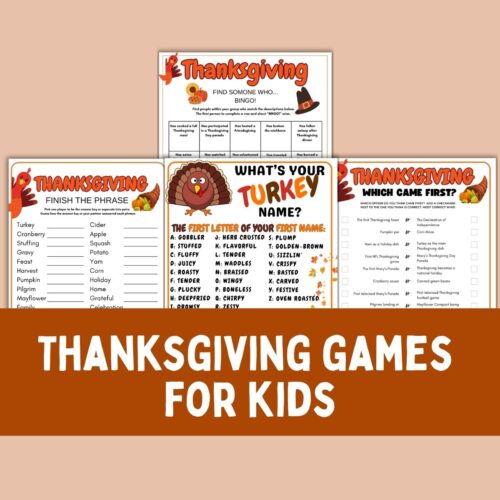 Collage of thanksgiving kid game printables.