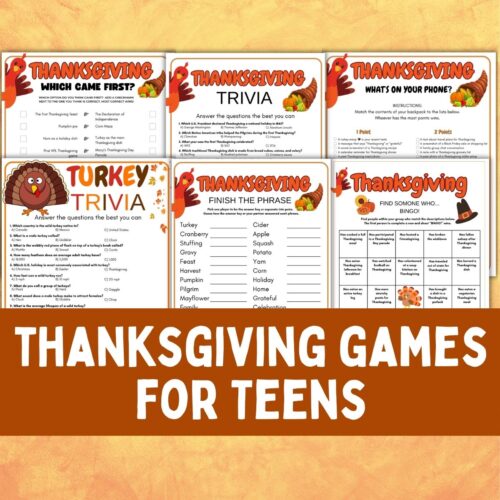 Collage of thanksgiving teen game printables.