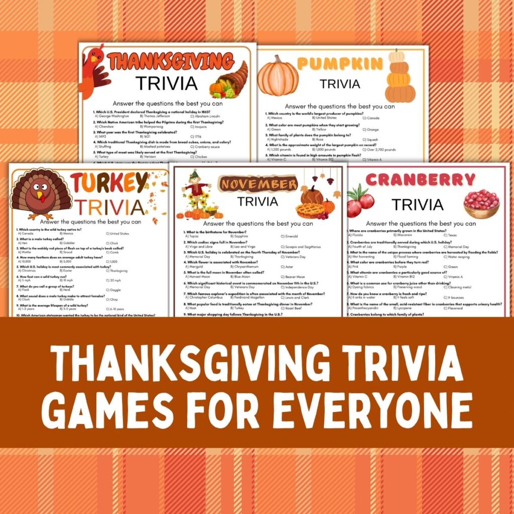 Collage of thanksgiving trivia game printables.
