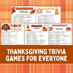 Collage of thanksgiving trivia game printables.