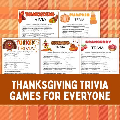 Collage of thanksgiving trivia game printables.