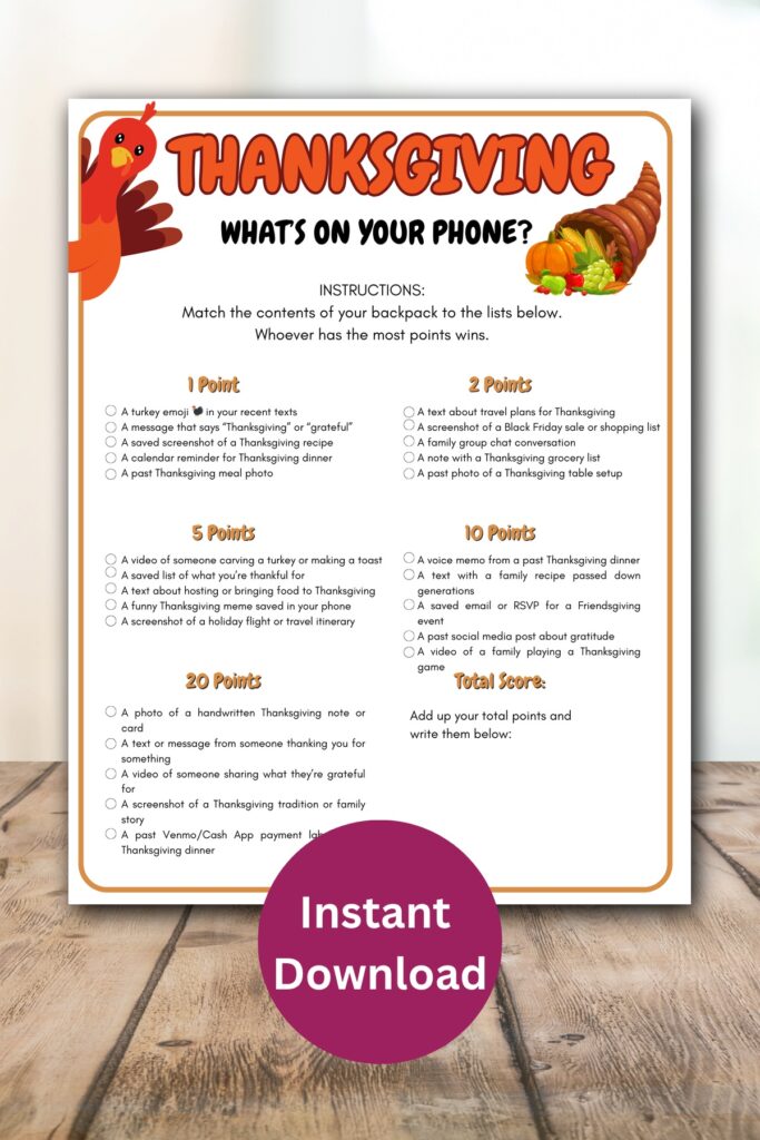 Thanksgiving what's on your phone printable.