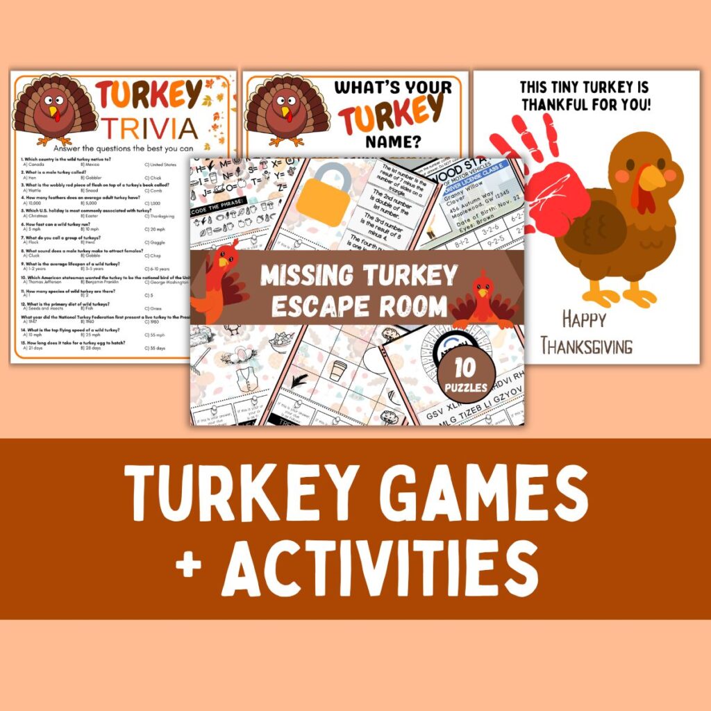 Collage of turkey game printables.