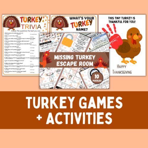 Collage of turkey game printables.